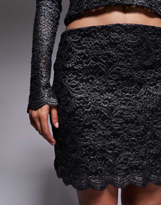 ASOS DESIGN metallic lace mini skirt in black and silver, 3 of 5