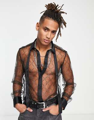 ASOS DESIGN ASOS DESIGN metallic lace sheer shirt with satin neck tie in black