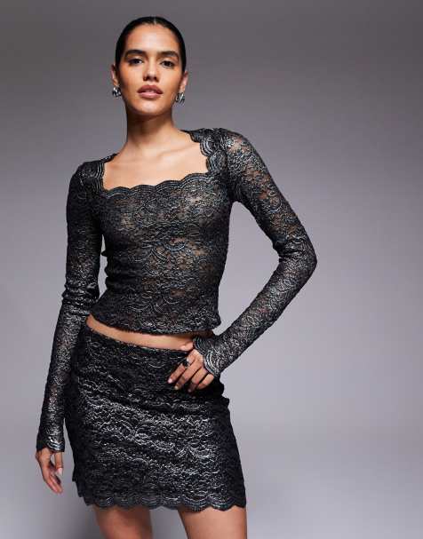 ASOS DESIGN metallic lace square neck long sleeve top in black and silver