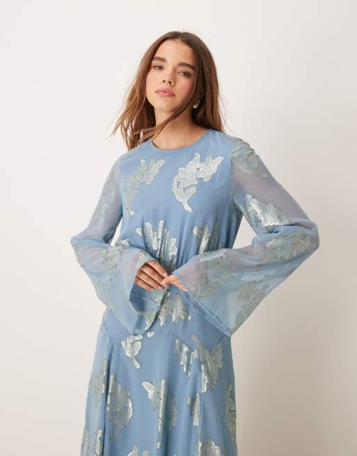ASOS DESIGN metallic long sleeve midi dress with frill cuffs in blue