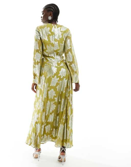ASOS DESIGN metallic long sleeve midi dress with frill cuffs in chartreuse