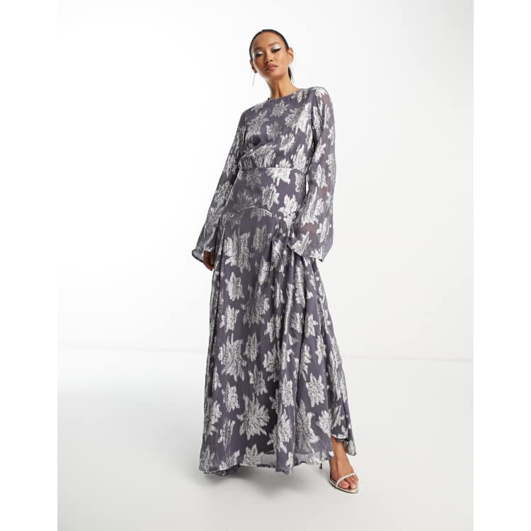 ASOS DESIGN metallic long sleeve midi dress with frill cuffs