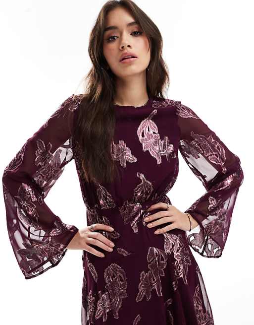 Long Sleeve Metallic Dress With Frills Burgundy Long Sleeve Metallic Dress With Frills Burgundy