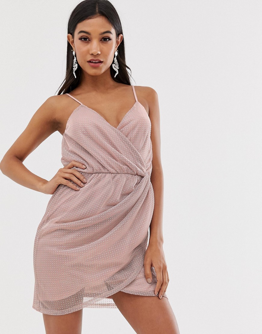ASOS DESIGN - Metallic mini-jurk met overslag en studs-Roze