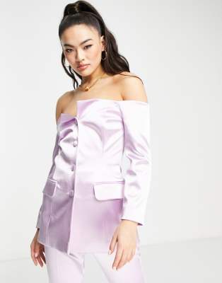 ASOS DESIGN metallic off the shoulder suit blazer in lilac