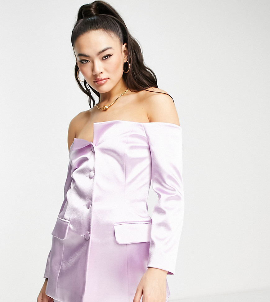 ASOS DESIGN metallic off the shoulder suit blazer in lilac-Purple