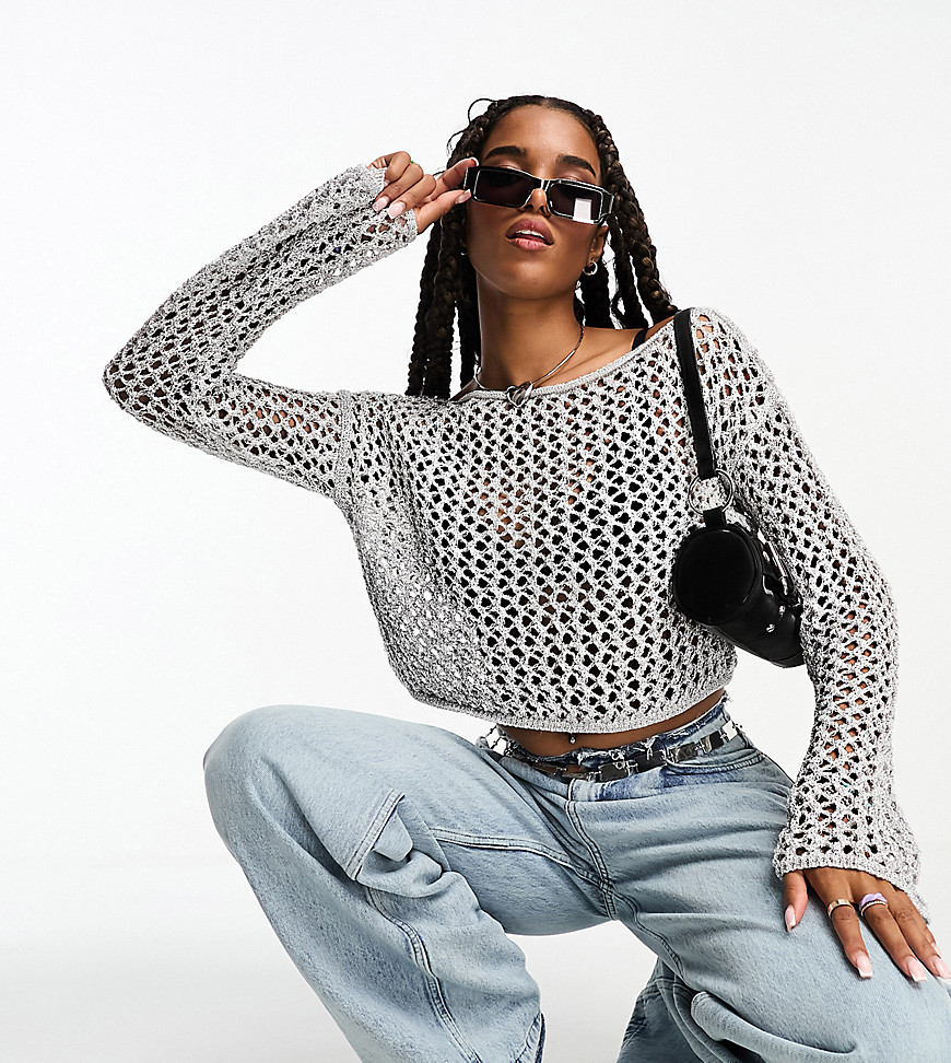 ASOS DESIGN metallic open knit slash knit top with angel sleeves in silver