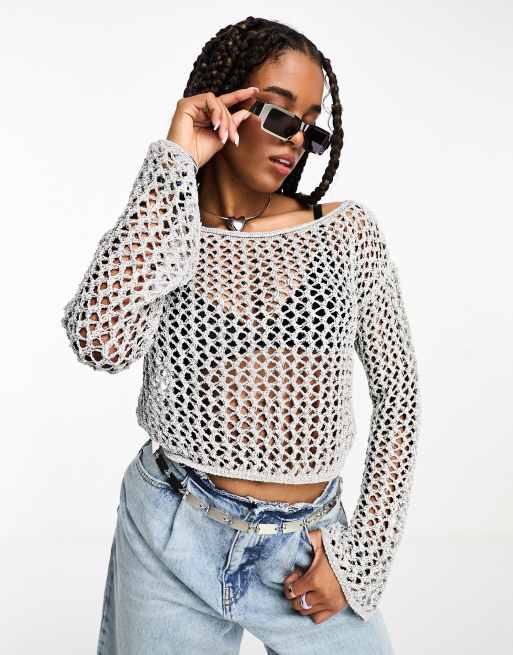 ASOS DESIGN metallic open knit slash knit top with angel sleeves in silver