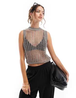 ASOS DESIGN metallic open stitch knitted vest top in silver