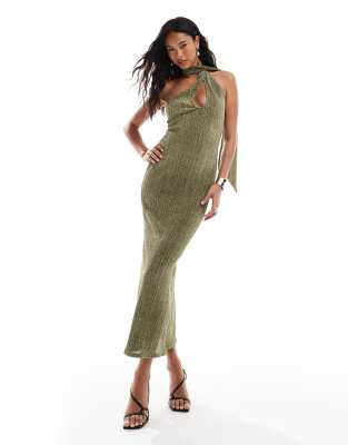 Asos Design Metallic Pleat One Shoulder Maxi Dress With Neck Tie In Gold