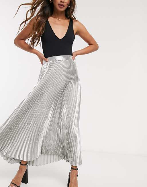 Topshop Faux Leather Pleated Midi Skirt In Silver | annadesignstuff.com