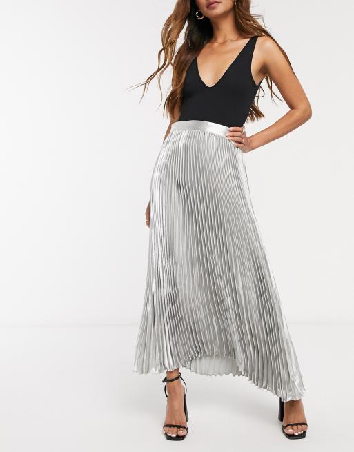 Silver metallic shop pleated midi skirt