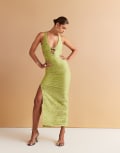 [ASOS DESIGN] ASOS DESIGN metallic plisse cross-back midi dress with gold shell trims in green 8 Green