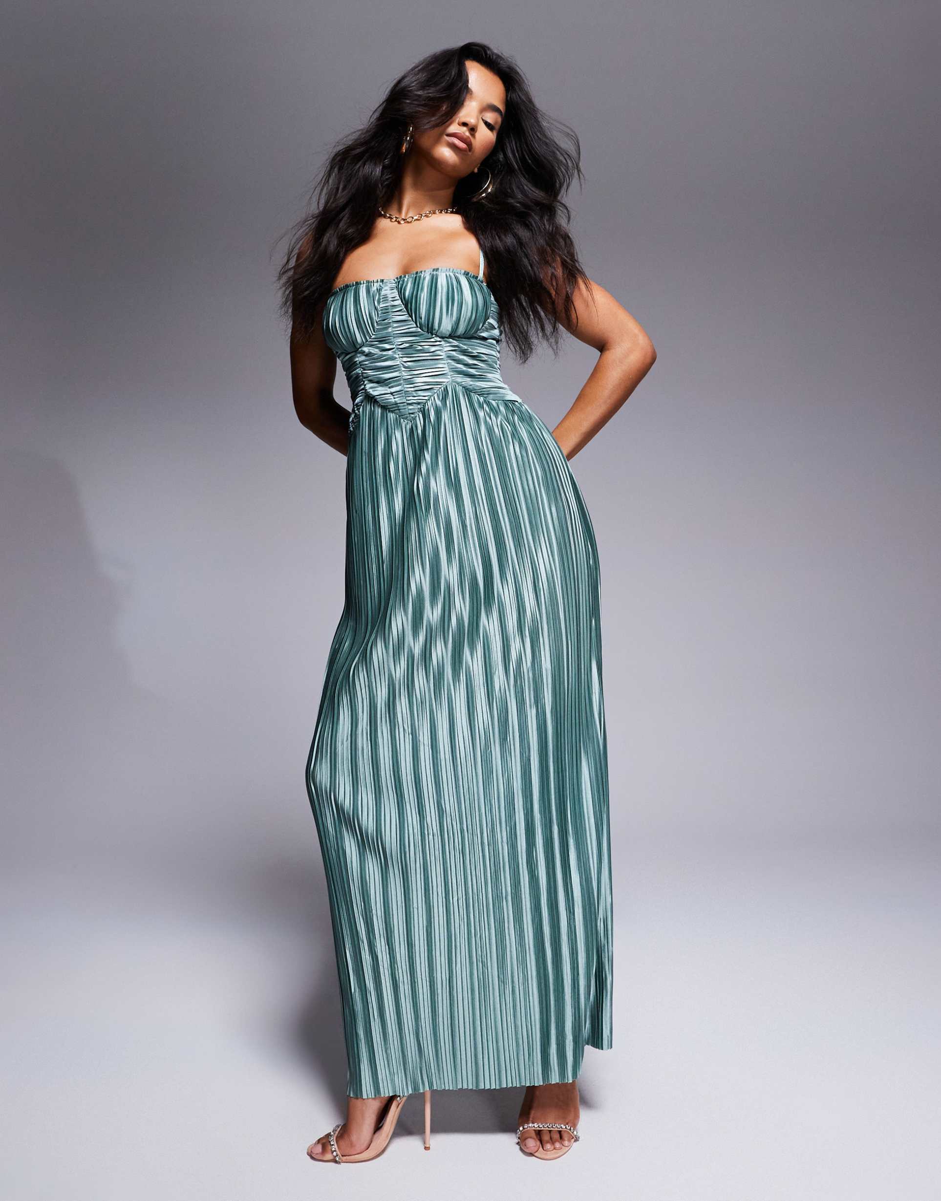 asos design metallic plisse cupped ruched detail maxi dress in green