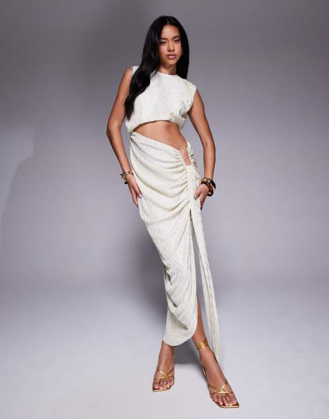 ASOS DESIGN metallic plisse midi dress with angular waist trim in cream - view 1