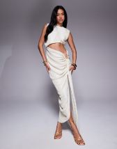 Kaiia exclusive slinky drape off shoulder bodycon maxi dress in black