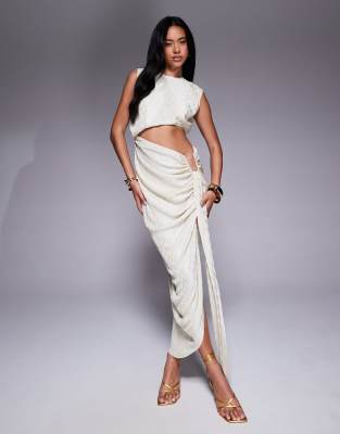 asos design metallic plisse midi dress with angular waist trim in cream