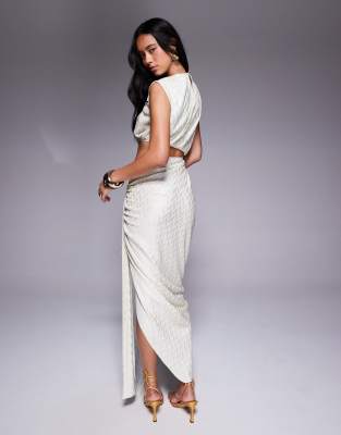 ASOS DESIGN METALLIC PLISSE MIDI DRESS WITH ANGULAR WAIST TRIM 