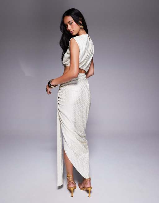 ASOS DESIGN metallic plisse midi dress with angular waist trim in cream