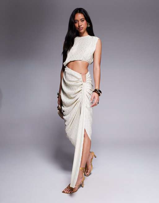 ASOS DESIGN metallic plisse midi dress with angular waist trim in cream
