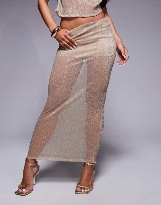ASOS DESIGN metallic plisse twist maxi skirt in gold -set