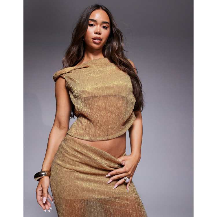 ASOS DESIGN metallic plisse twist off the shoulder top in gold