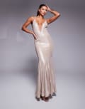 [ASOS DESIGN] ASOS DESIGN metallic plunge maxi dress with godet hem in gold S Gold