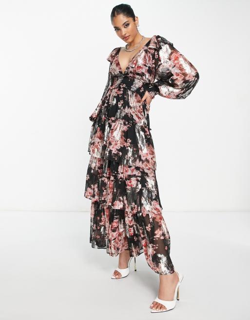 ASOS DESIGN metallic plunge ruffle maxi dress with tiers in black floral print