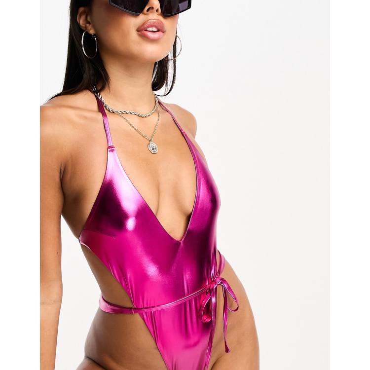 ASOS Asos Design Tall Wetlook Metallic Plunge Swimsuit