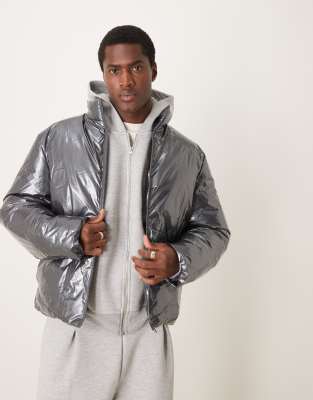 Asos Design Metallic Puffer Jacket In Black