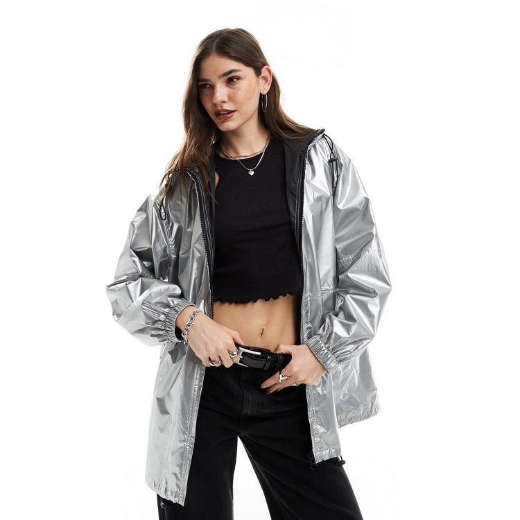 ASOS DESIGN metallic rain bomber jacket in silver