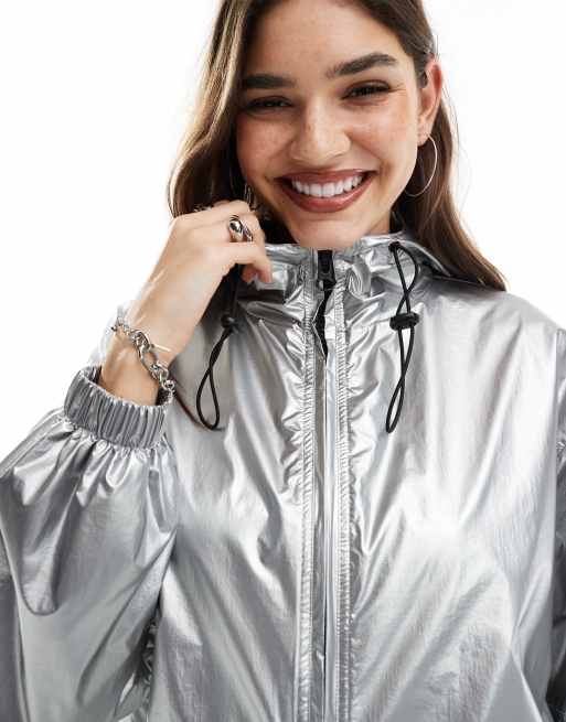 ASOS DESIGN metallic rain bomber jacket in silver