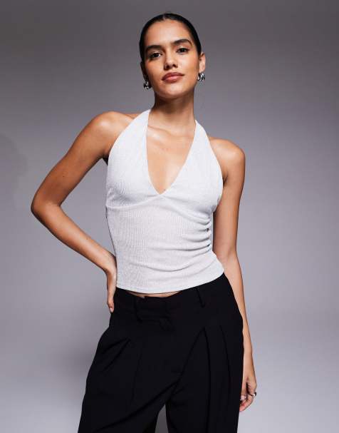 ASOS DESIGN metallic scarf halter neck top in silver - view 1