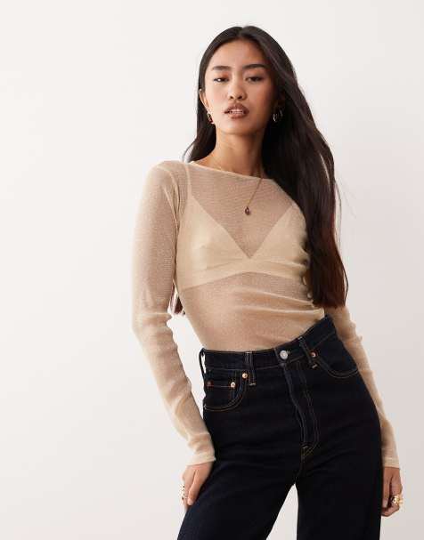 ASOS DESIGN metallic second skin sheer crew neck in gold - view 1