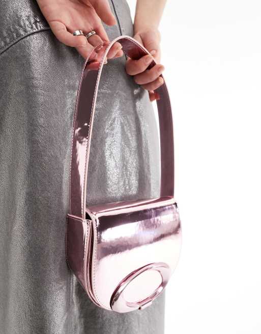 ASOS DESIGN metallic shoulder bag with circle hardware in pink