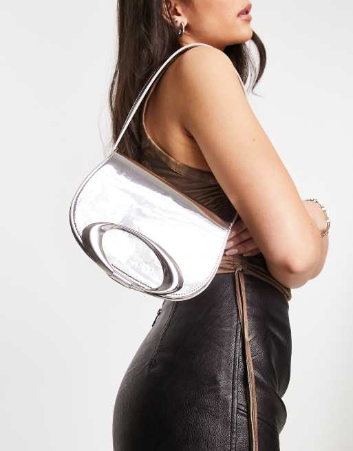 ASOS DESIGN metallic shoulder bag with circle hardware in silver