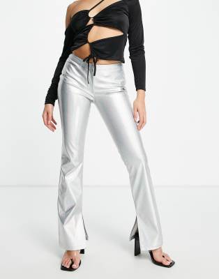 ASOS DESIGN metallic silver flare pants with slit hem