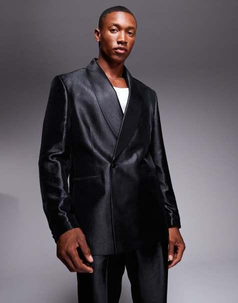 ASOS DESIGN - Metallic sort slim fit-habitjakke med sjalskrave - view 1