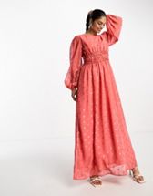 symoid Maxi Dress for Women- Fashion Casual Chiffon Hedging V-neck Large  Pendant Long Sleeve Floral Dress Beige XL