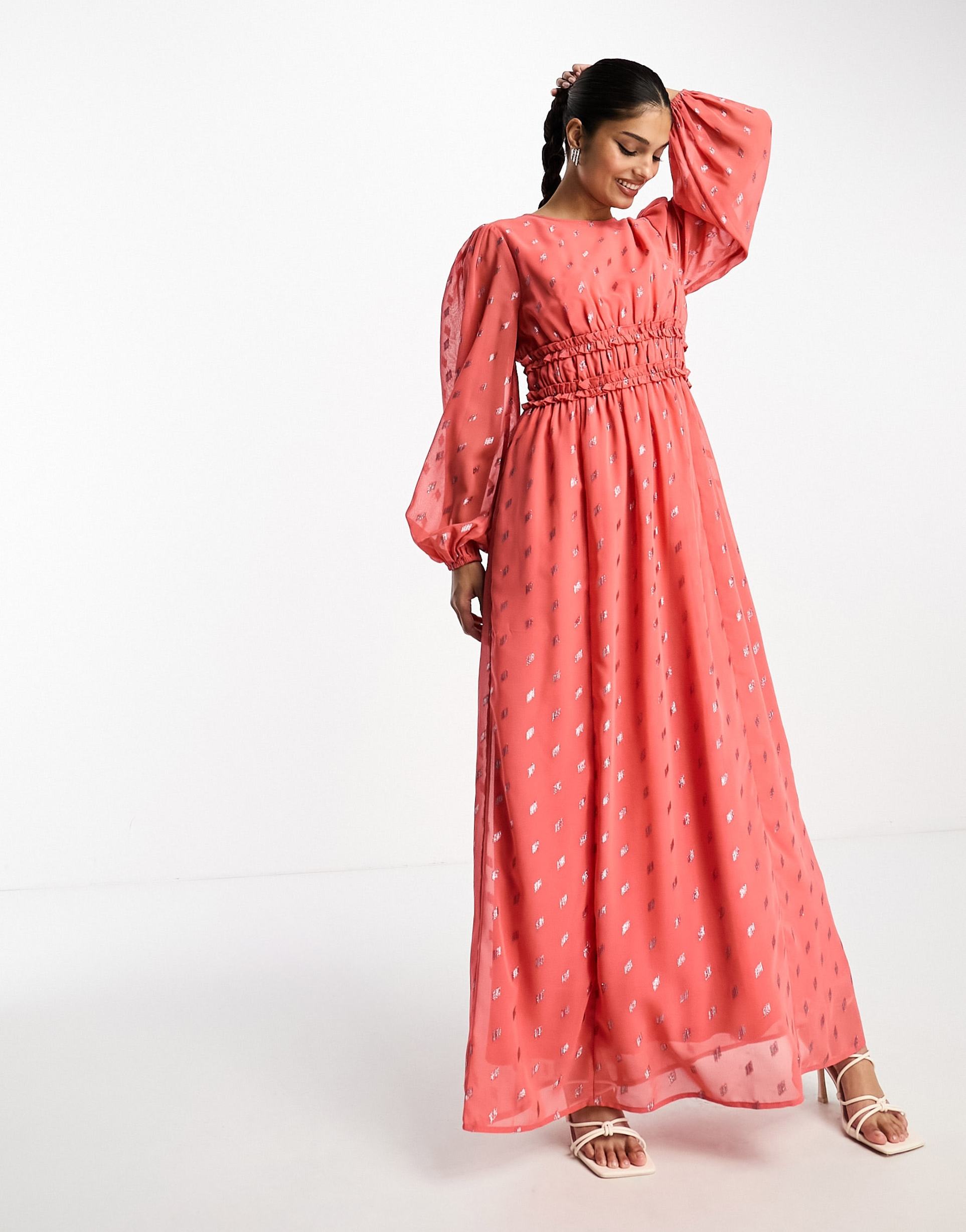 asos design metallic spot chiffon maxi dress with channel waist in coral