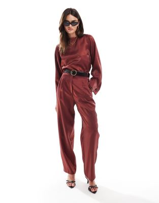 ASOS Tall ASOS DESIGN metallic straight leg tailored trouser co-ord in burgundy