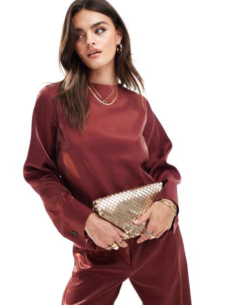 ASOS DESIGN metallic tailored top co-ord in burgundy - view 1
