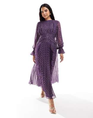 metallic textured high neck ruched belt detail maxi dress in purple-Multi