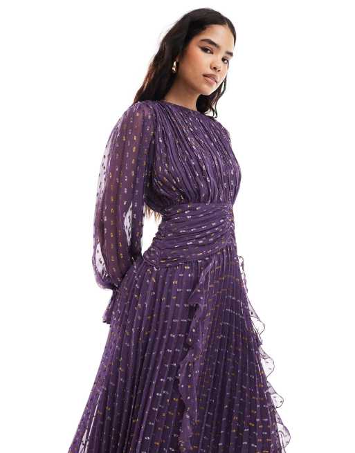 ASOS DESIGN metallic textured high neck ruched belt detail maxi dress in purple