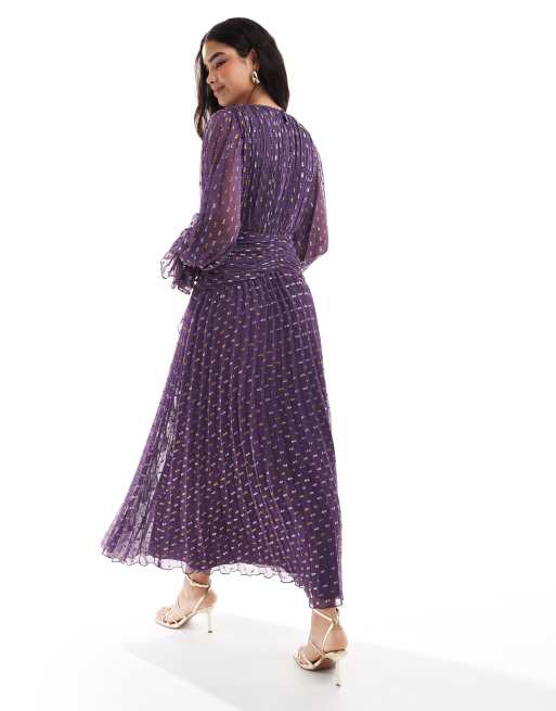 ASOS DESIGN metallic textured high neck ruched belt detail maxi dress in purple