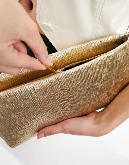 ASOS DESIGN metallic textured zip top clutch bag in gold