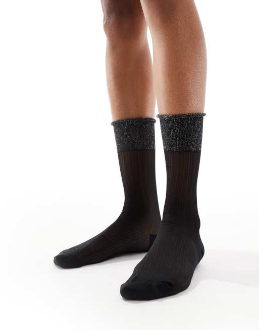 ASOS DESIGN metallic top edge fine ankle socks in black | ASOS