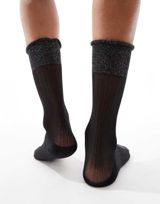 ASOS DESIGN metallic top edge fine ankle socks in black | ASOS