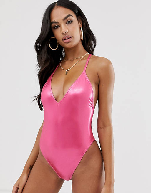 ASOS DESIGN metallic wetlook cross back high leg swimsuit in pink
