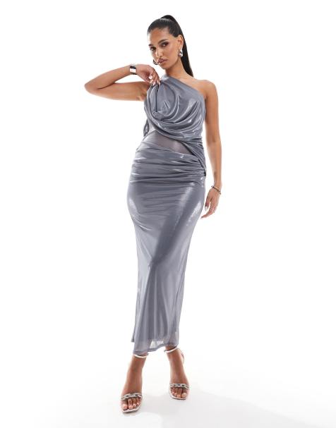 ASOS DESIGN - Metallisk koksgrå midikjole med drapering, oneshoulder-snit og dobbeltstrop - view 1